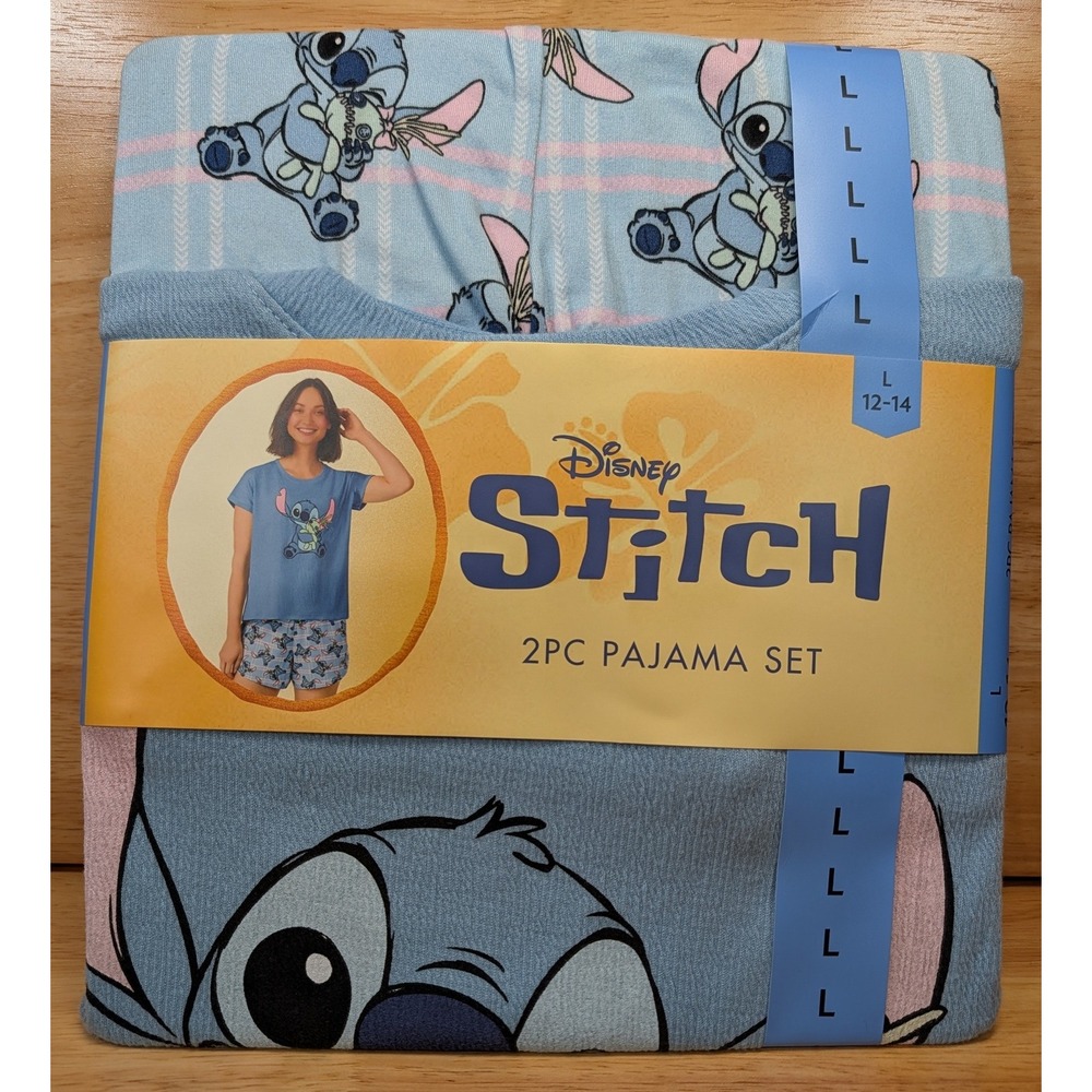 Disney Stitch 2PC Pajama Set Womens Large 12-14 Blue Waffle Knit Top Shorts NEW